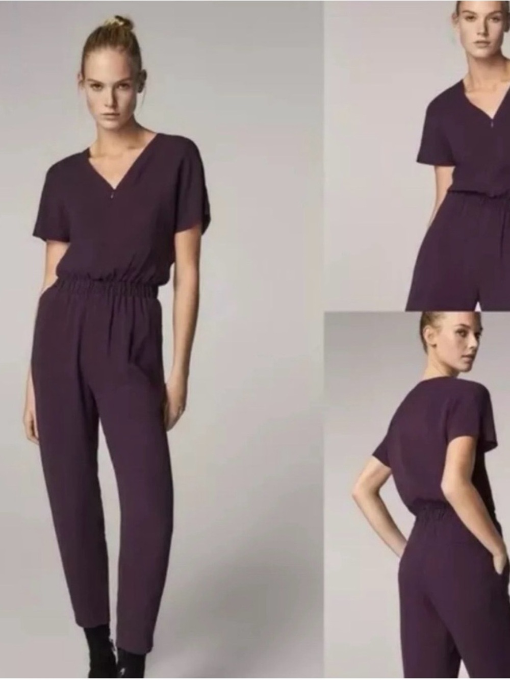 Massimo Dutti Plum Short-Sleeve V-Neck Jumpsuit Size 6